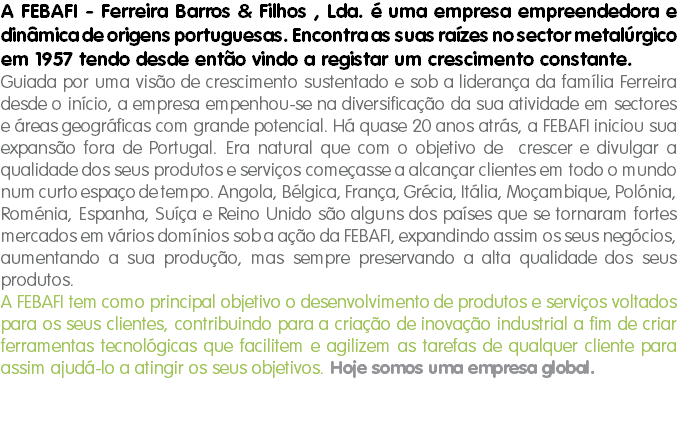 A FEBAFI - Ferreira Barros & Filhos , Lda. é uma empresa empreendedora e dinâmica de origens portuguesas. Encontra as suas raízes no sector metalúrgico em 1957 tendo desde então vindo a registar um crescimento constante.
Guiada por uma visão de crescimento sustentado e sob a liderança da família Ferreira desde o início, a empresa empenhou-se na diversificação da sua atividade em sectores e áreas geográficas com grande potencial. Há quase 20 anos atrás, a FEBAFI iniciou sua expansão fora de Portugal. Era natural que com o objetivo de crescer e divulgar a qualidade dos seus produtos e serviços começasse a alcançar clientes em todo o mundo num curto espaço de tempo. Angola, Bélgica, França, Grécia, Itália, Moçambique, Polónia, Roménia, Espanha, Suíça e Reino Unido são alguns dos países que se tornaram fortes mercados em vários domínios sob a ação da FEBAFI, expandindo assim os seus negócios, aumentando a sua produção, mas sempre preservando a alta qualidade dos seus produtos.
A FEBAFI tem como principal objetivo o desenvolvimento de produtos e serviços voltados para os seus clientes, contribuindo para a criação de inovação industrial a fim de criar ferramentas tecnológicas que facilitem e agilizem as tarefas de qualquer cliente para assim ajudá-lo a atingir os seus objetivos. Hoje somos uma empresa global. 